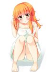  barefoot blush dress long_hair orange_hair original simple_background sitting solo syuurin yellow_eyes 