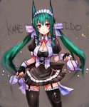  :&lt; black_gloves black_legwear breasts cleavage corset cup fingerless_gloves garter_straps gloves green_hair headgear highres maid maid_headdress medium_breasts menou_kaname original puffy_sleeves purple_eyes solo taishi_(picchiridou) teacup teapot thighhighs twintails wrist_cuffs 