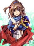  akasaka_sakasu arle_nadja armor brown_eyes brown_hair cape half_updo madou_monogatari puyopuyo red_cape shirt short_hair smile solo 