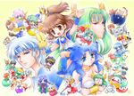  6+girls :d arle_nadja bird blue_eyes blue_footwear blue_hair blue_headband blush boots breasts brooch brown_eyes brown_hair carbuncle_(puyopuyo) cat character_request choker choppun cleavage creature draco_centauros elephant everyone fish gem green_hair half_updo harpy_(puyopuyo) headband honey_bee_(puyopuyo) hortense incubus_(puyopuyo) jewelry kikimora_(puyopuyo) kurohamu lagnus_the_brave long_hair looking_at_viewer madou_monogatari medium_breasts minotaur_(puyopuyo) multiple_boys multiple_girls nasu_grave o_o ollerus open_mouth ponytail puyo_(puyopuyo) puyopuyo red_eyes rulue_(puyopuyo) satan_(puyopuyo) schezo_wegey seriri_(puyopuyo) short_hair simple_background skirt smile strapless suketoudara upper_body white_hair witch_(puyopuyo) yellow_background zoh_daimaoh 