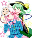  adaajt bow expressionless green_hair hat hat_ribbon hata_no_kokoro heart heart_of_string highres komeiji_koishi long_hair long_sleeves looking_at_viewer mask multiple_girls open_mouth pink_eyes pink_hair plaid plaid_shirt ribbon shirt short_hair skirt smile star third_eye touhou triangle victory_pose 