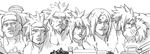  1girl 6+boys kebei monochrome multiple_boys namikaze_minato naruto outdoors sarutobi_hiruzen senju_hashirama senju_tobirama smile tsunade uchiha_sasuke uzumaki_naruto white_background yaoi 