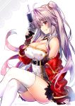  1girl azur_lane bare_shoulders blush breasts buttons cleavage commentary_request fingerless_gloves from_side gloves grenville_(azur_lane) gun hair_ornament handgun jacket jacket_on_shoulders large_breasts lavender_hair legs_crossed long_hair looking_at_viewer open_mouth parted_lips purple_hair red_eyes red_jacket revolver riichu shoes side_ponytail simple_background sitting smile solo teeth thighhighs twitter_username very_long_hair weapon white_legwear 