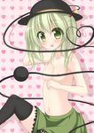  black_legwear breasts chimunge eyeball green_hair grey_hair hair_bobbles hair_ornament heart heart_background heart_of_string komeiji_koishi long_hair medium_breasts navel nipples open_mouth side_ponytail skirt smile solo thighhighs third_eye topless touhou 