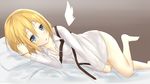  barefoot bed blonde_hair blue_eyes bottomless christa_renz detached_wings dress_shirt highres long_hair looking_at_viewer lying on_side open_mouth pillow saku_(kudrove) shingeki_no_kyojin shirt solo wings 