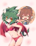  arle_nadja bikini blush brown_eyes brown_hair closed_eyes dark_green_hair draco_centauros dragon_girl dragon_horns dragon_tail dragon_wings dragonbead green_hair grin horns madou_monogatari multiple_girls pointy_ears puyopuyo red_bikini red_wings short_hair smile spoon swimsuit tail wings 