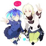  1girl blue_hair ene_(kagerou_project) grin headphones holding_hands kagerou_project konoha_(kagerou_project) long_hair oka_(a.m.) red_eyes smile twintails v white_hair 