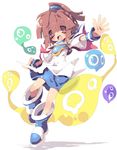  :d arle_nadja armor armored_dress blob blue_footwear blue_skirt boots brown_eyes brown_hair capelet dangomushi full_body half_updo madou_monogatari open_mouth outstretched_arms puyo_(puyopuyo) puyopuyo short_hair skirt smile spread_arms white_background 