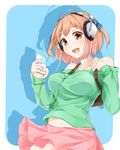  bag breasts brown_eyes brown_hair casual hataraku_maou-sama! headphones large_breasts minami_machi open_mouth sasaki_chiho short_hair short_twintails simple_background skirt solo twintails 