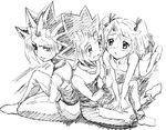  2boys all_fours bare_shoulders barefoot blush collar dual_persona freckles greyscale hair_ribbon hikari_(mitsu_honey) indian_style monochrome multiple_boys mutou_yuugi open_mouth pants rebecca_hopkins ribbon short_twintails sitting skirt sleeveless spiked_hair sweatdrop tank_top thighhighs twintails wristband yami_yuugi yuu-gi-ou yuu-gi-ou_duel_monsters 