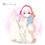  apron barefoot character_name hand_on_own_chest heart hrk173 kagerou_project kozakura_marry long_hair petals pink_eyes pink_hair sitting smile solo toe_scrunch 