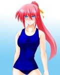  blue_eyes blush breasts engo_(aquawatery) hair_ribbon highres large_breasts long_hair lyrical_nanoha mahou_shoujo_lyrical_nanoha mahou_shoujo_lyrical_nanoha_a's one-piece_swimsuit pink_hair ponytail ribbon school_swimsuit signum solo swimsuit 