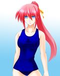  blue_eyes breasts engo_(aquawatery) hair_ribbon highres large_breasts long_hair lyrical_nanoha mahou_shoujo_lyrical_nanoha mahou_shoujo_lyrical_nanoha_a's one-piece_swimsuit pink_hair ponytail ribbon school_swimsuit signum solo swimsuit 