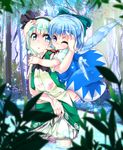  bloomers blue_eyes blue_hair bow cirno forest green_eyes green_hair hair_bow hairband hug ice ice_wings konpaku_youmu multiple_girls nature one_eye_closed partially_submerged see-through short_hair t.o.d touhou underwear water wet wet_bloomers wings 