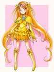  boots bow brooch bubble_skirt capelet choker cure_muse_(yellow) heart jewelry knee_boots kurochiroko long_hair magical_girl orange_hair precure red_eyes shirabe_ako skirt solo suite_precure tiara very_long_hair yellow_bow yellow_choker 