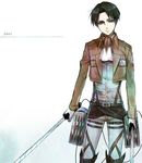  belt black_hair blue_eyes boots buttons character_name cowboy_shot cravat dual_wielding expressionless head_tilt holding holding_sword holding_weapon jacket kenao levi_(shingeki_no_kyojin) long_sleeves looking_at_viewer male_focus open_clothes open_jacket pants paradis_military_uniform shingeki_no_kyojin shirt simple_background solo sword thigh_strap three-dimensional_maneuver_gear weapon white_background white_pants white_shirt wire 