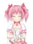  absurdres closed_eyes gloves highres kaname_madoka kyubey magical_girl mahou_shoujo_madoka_magica pink_hair short_hair short_twintails sigemi smile transparent_background twintails 