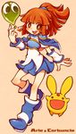  :d arle_nadja armor armored_dress blob blue_footwear blue_skirt boots brown_eyes brown_hair carbuncle_(puyopuyo) character_name creature full_body half_updo icon_(sugarless_yogurt) knee_boots madou_monogatari open_mouth puyo_(puyopuyo) puyopuyo sepia_background short_hair skirt smile 