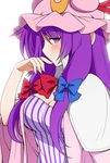  blush bow breasts capelet cleavage coat crescent dress eichi_yuu finger_to_mouth hair_ribbon half-closed_eyes hat large_breasts long_hair looking_at_viewer open_clothes open_coat patchouli_knowledge purple_dress purple_eyes purple_hair ribbon solo striped striped_dress touhou tress_ribbon wide_sleeves 