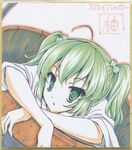 ahoge bad_id bad_pixiv_id bucket green_eyes green_hair hair_bobbles hair_ornament in_bucket in_container kisume marker_(medium) photo shikishi short_hair solo touhou traditional_media twintails upper_body yube_(skyhacker) 