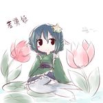  bad_id bad_pixiv_id black_eyes blush_stickers flower hair_ornament head_fins japanese_clothes lily_pad long_sleeves mermaid minigirl monster_girl obi sash satorichan short_hair sitting smile solo star star_hair_ornament touhou wakasagihime 