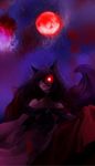  animal_ears astatine bare_shoulders brooch brown_hair dress evil_grin evil_smile full_moon glowing glowing_eye grin highres imaizumi_kagerou jewelry long_hair long_sleeves moon red_eyes red_moon smile solo tail teeth touhou wolf_ears wolf_tail 
