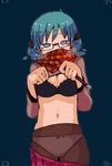  bespectacled blue_eyes blue_hair bra breasts breath copyright_name glasses hair_cubes hair_ornament masha medium_breasts naganohara_mio navel nichijou older paintbrush panties panties_under_pantyhose pantyhose scarf shirt_lift short_hair skirt skirt_pull solo twintails underwear white_panties 