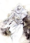  belt facial_hair highres hokuto_no_ken jobo_(isi88) long_hair male_focus monochrome solo toki_(hokuto_no_ken) torn_clothes traditional_media watercolor_(medium) 