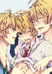  bad_id bad_pixiv_id blonde_hair blue_eyes blush boy_sandwich bracelet closed_eyes dual_persona green_eyes hand_on_another's_chest highres jewelry kurusu_shou male_focus multiple_boys necktie open_mouth sandwiched school_uniform shinomiya_natsuki shouno_kotarou uta_no_prince-sama yaoi 