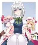  apron argyle argyle_background arm_grab bad_id bad_pixiv_id bat_wings blonde_hair blue_dress blue_eyes bow braid chestnut_mouth commentary dress finger_to_cheek flandre_scarlet hammer_(sunset_beach) hat hat_bow izayoi_sakuya looking_at_viewer maid maid_headdress multiple_girls open_mouth pink_dress pink_eyes puffy_sleeves red_eyes remilia_scarlet short_sleeves siblings side_ponytail silver_hair sisters touhou twin_braids waist_apron wings 