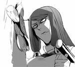  blazblue greyscale hair_in_mouth hair_tubes hammer hazama kaneaki_mukku long_hair monochrome nail no_hat no_headwear photo_(object) solo tsubaki_yayoi voodoo_doll 