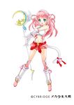  animal_ears belt blush cat_ears cat_tail elbow_gloves gloves highres long_hair mecha_shoujo_taisen_z midriff morinoamane navel open_mouth pink_hair shiny shiny_skin short_shorts shorts simple_background solo tail white_background 