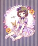  bow brown_hair bunny child dress flower hair_bow original purple_eyes sakura_puchirou short_hair sitting socks solo 
