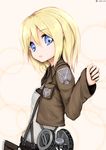  belt blonde_hair christa_renz emblem hachachi highres jacket long_sleeves open_mouth paradis_military_uniform shingeki_no_kyojin short_hair solo three-dimensional_maneuver_gear training_corps_(emblem) 