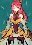  armor armored_dress bare_shoulders blazblue blazblue:_chronophantasma breasts detached_sleeves faulds hair_ornament hair_tubes izayoi_(blazblue) kiyu_tsuitta long_hair medium_breasts non-web_source one_eye_closed pantyhose ponytail red_eyes red_hair shield solo 