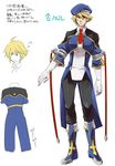  ahoge beret blazblue blonde_hair blue_footwear boots character_sheet elbow_gloves genderswap genderswap_(ftm) gloves green_eyes hat highres kaneaki_mukku necktie noel_vermillion pants short_hair translation_request uniform white_gloves 