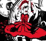  :d arm_up armpits bare_shoulders black_hair black_legwear clock clock_eyes collarbone date_a_live detached_collar dress gears gun hairband heterochromia highres holding holding_gun holding_weapon lolita_fashion lolita_hairband long_hair looking_at_viewer monochrome number open_mouth red_dress red_eyes red_ribbon ribbon rifle roman_numerals smile solo spot_color symbol-shaped_pupils t727 thighhighs tokisaki_kurumi twintails weapon zettai_ryouiki 