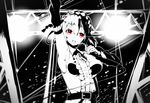 arm_up breasts greyscale hrk173 kagerou_project kisaragi_attention_(vocaloid) kisaragi_momo looking_at_viewer medium_breasts microphone monochrome open_mouth red_eyes smile solo 