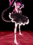  absurdres arms_behind_head blue_eyes detached_sleeves dress elizabeth_bathory_(fate) elizabeth_bathory_(fate)_(all) fate/extra fate/extra_ccc fate_(series) highres horns long_hair pink_hair pointy_ears pointy_shoes sei15 shoes solo tail two_side_up 