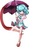  alphes_(style) bare_legs blue_eyes blue_hair geta heterochromia karakasa_obake messy_hair open_mouth parody purple_umbrella red_eyes shope short_hair skirt smile solo style_parody tatara_kogasa touhou umbrella white_background 