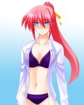  blue_eyes blush bra breasts cleavage dress_shirt engo_(aquawatery) hair_ribbon highres large_breasts long_hair lyrical_nanoha mahou_shoujo_lyrical_nanoha mahou_shoujo_lyrical_nanoha_a's no_pants open_clothes open_shirt panties pink_hair ponytail ribbon shirt signum solo underwear 