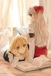  backlighting bad_id bad_pixiv_id blonde_hair book dated fancybetty fujiwara_no_mokou kirisame_marisa long_hair looking_back lying multiple_girls no_hat no_headwear no_shoes on_stomach open_book short_hair signature sitting sunlight touhou white_hair white_legwear window 