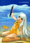  aoki_hagane_no_arpeggio ark_performance barefoot cloud day frilled_swimsuit frills hard_translated highres i-401_(aoki_hagane_no_arpeggio) iona long_hair ocean official_art one-piece_swimsuit personification rubber_duck ship silver_hair sky solo swimsuit translated watercraft 