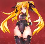  arm_strap bangs bare_shoulders beltbra black_gloves black_legwear blonde_hair blush breasts buckle cameltoe collar covered_navel cowboy_shot crotch fate_testarossa from_below gloves groin hair_ribbon halterneck highleg highleg_leotard highres leotard long_hair lyrical_nanoha magical_girl mahou_shoujo_lyrical_nanoha parted_bangs red_background red_eyes ribbon sidelocks skin_tight small_breasts solo taishi_(picchiridou) thigh_gap thighhighs twintails very_long_hair 