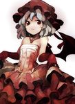  absurdres alternate_costume bare_shoulders bat_wings dress elbow_gloves frilled_dress frills gloves hat highres jewelry lavender_hair matakom necklace pendant red_eyes red_gloves remilia_scarlet revision short_hair silver_hair skirt_hold smile solo strapless strapless_dress touhou wings 