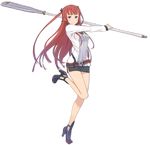  arca_(summon_night) belt blush full_body high_heels holding kuroboshi_kouhaku leg_up long_hair looking_at_viewer miniskirt official_art red_hair shoes skirt smile solo summon_night summon_night_5 transparent_background weapon 