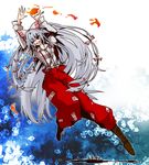  arms_up boots bow chika009 fire fujiwara_no_mokou full_body grey_hair grin hair_bow long_hair one_eye_closed pants red_eyes smile solo suspenders touhou 