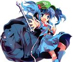  alphes backpack bag blue_eyes blue_hair boots hair_bobbles hair_ornament hat hopeless_masquerade kawashiro_nitori key official_art open_mouth reaching smile touhou transparent_background two_side_up wrench 
