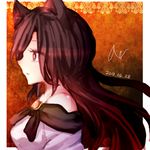  aliya animal_ears bad_id bad_pixiv_id bare_shoulders brooch brown_eyes brown_hair dated dress imaizumi_kagerou jewelry long_hair lowres profile signature solo touhou upper_body wolf_ears 