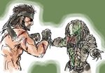  armor bandana beard belt big_boss blood brown_hair eyepatch facial_hair gauntlets gloves hairlocs highres mandibles metal_gear_(series) metal_gear_solid nameo_(judgemasterkou) open_mouth predator predator_(movie) shirtless simple_background teeth 